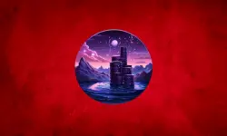 Fantasy landscape with moonlit castle and mountains.