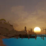 Sunsetting behind Night Harbor city - shot from the harbor - tranquil waters in the harbor - - from the game, Monsters & Memories