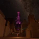 Tower glowing in pinkish glow above Night Harbor at night - from the game, Monsters & Memories
