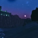 A giant walking through the shaded dunes. There is an ominous fortress high upon a cliff with greenish glowing mist surrounding it. - from the game, Monsters & Memories